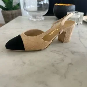 CHANEL Tan and Black Quilted Slingback Heels